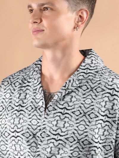 White and Black Printed Cuban Shirt